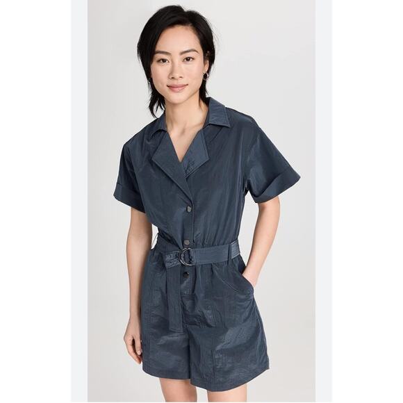 Varley Pants - Varley Belle Boxy Short Sleeve Romper Playsuit Slate Blue Shimmer Shell